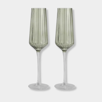 Set of 2 Austin Ribbed Flute Champagne Glasses with green tint and slender ribbed design