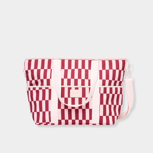 Burgundy and peony check insulated cooler base tote with adjustable strap and multiple pockets.