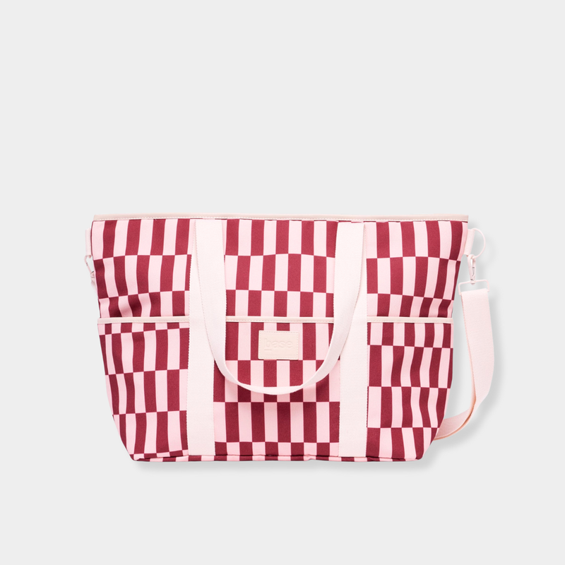 Burgundy and peony check insulated cooler base tote with adjustable strap and multiple pockets.
