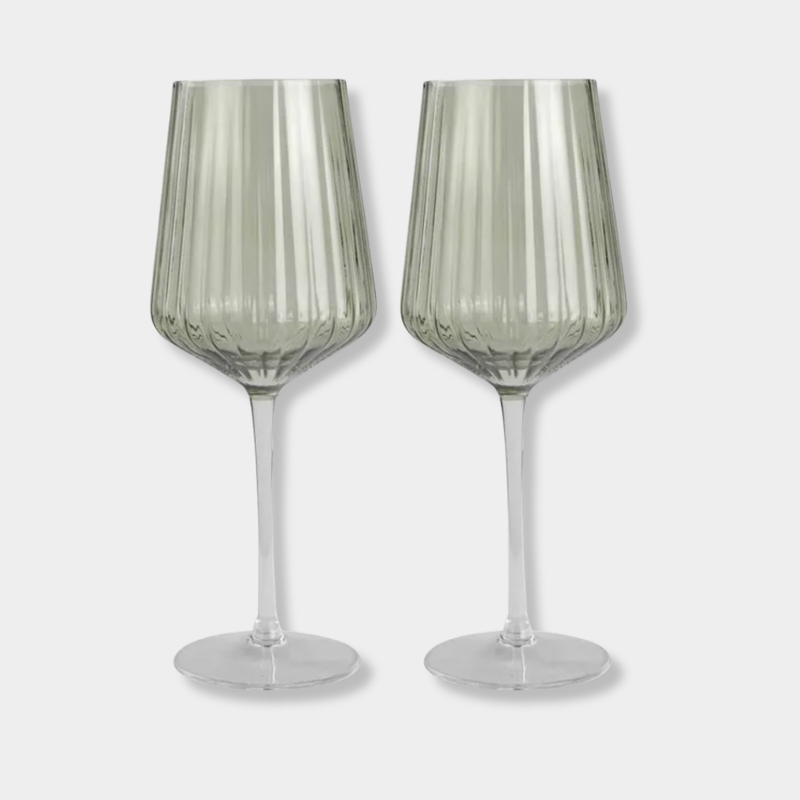 Set of 2 Liam Ribbed Wine Glasses in soft green with elegant vertical ribbing and elongated stems