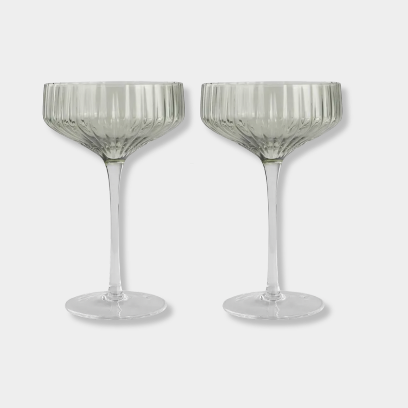 Set of 2 Levi Ribbed Coupe Glasses in soft green tint with elegant ribbed texture
