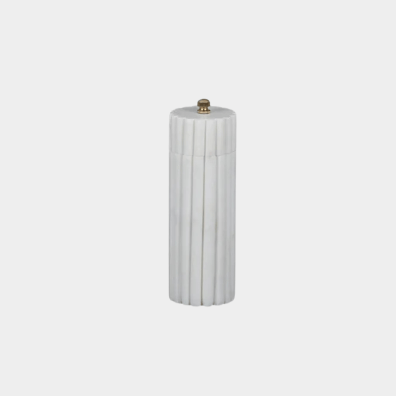 Lorne Salt + Pepper Mill made of solid white marble with a sleek, fluted design and brass top, 16.5cm tall kitchen grinder.
