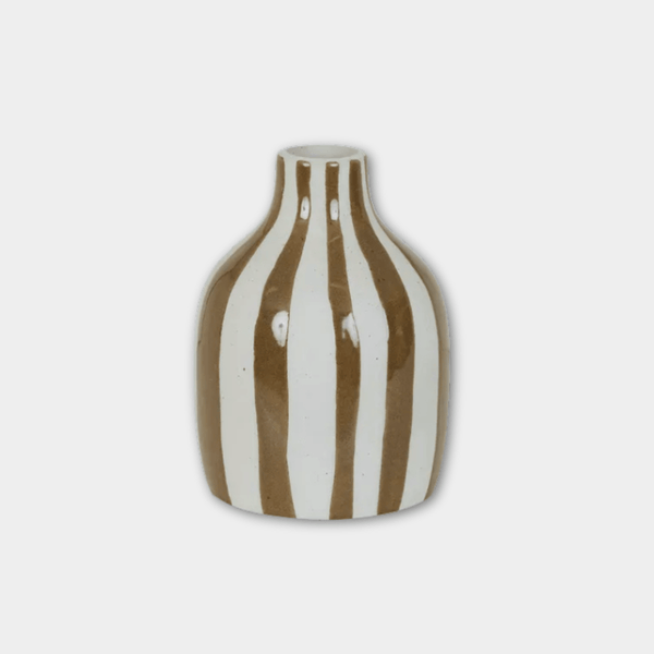 Hanson Hako Vase small sepia stripe hand-crafted earthenware ceramic decorative vase with bold vertical stripes and glazed finish