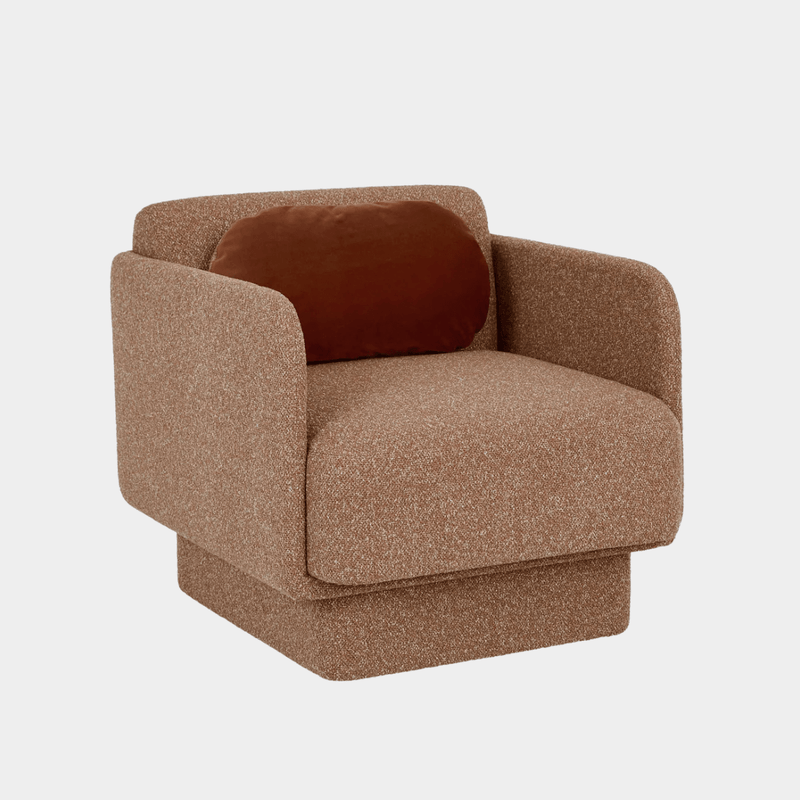 GlobeWest Bonnie Occasional Chair in marigold fabric with plush padding and pumpkin spice velvet cushion on white background