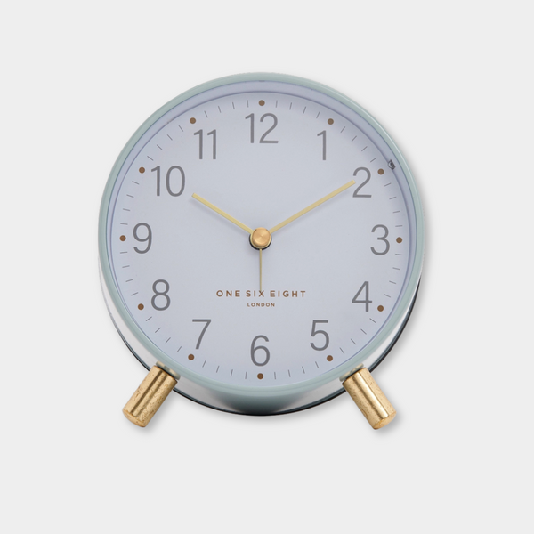 Maisie Silent Tick Alarm Clock green with gold legs and hands, vintage style, silent ticking, alarm and nightlight function