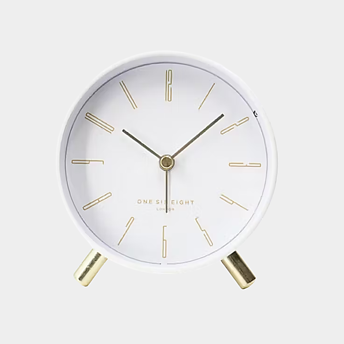 Maya Silent Alarm Clock in white with champagne gold dial and silent sweep movement