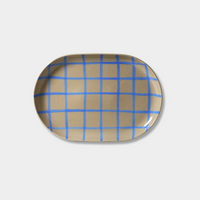 Robert Gordon Coastal Junction 38cm oval stoneware tray with blue handbrush grid design