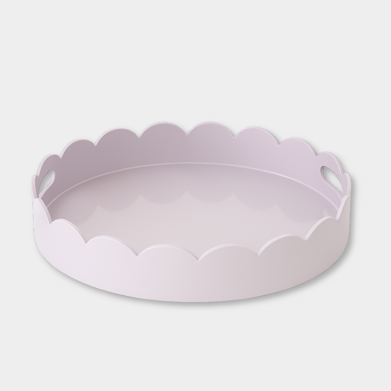 norsu Studio Round Scalloped Tray in soft violet with high-gloss lacquer finish and scalloped edges, 45 cm diameter