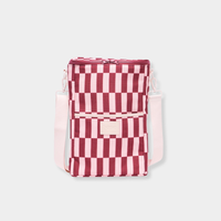 Base Supply Bottle Base burgundy and peony check insulated canvas bottle carrier with adjustable cotton strap and front pocket.