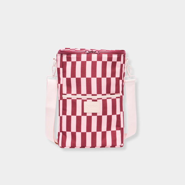Base Supply Bottle Base burgundy and peony check insulated canvas bottle carrier with adjustable cotton strap and front pocket.