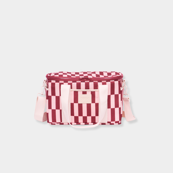Base Supply Midi Cool burgundy and peony check insulated cooler tote with adjustable cotton strap and multiple pockets