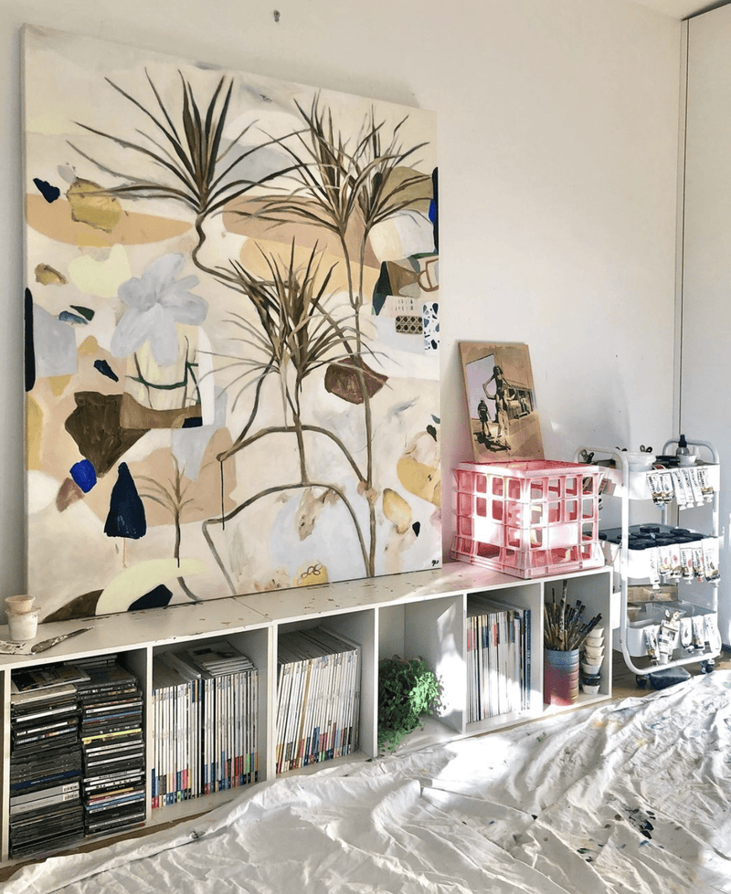 Limited edition fine art canvas print featuring abstract botanical painting with soft, velvety textures displayed in a modern room setting.