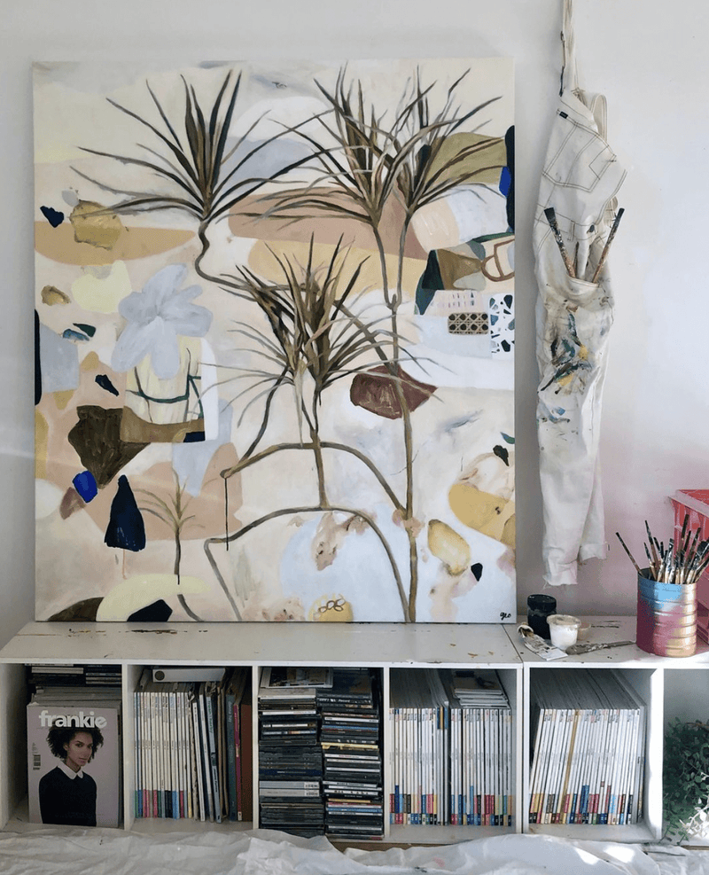 Limited edition fine art canvas print Duniper by Georgie Wilson featuring abstract botanical design with layered colors and floating oak frame option