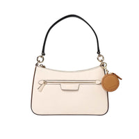 Tan Fox and Leo Eye Catcher Bag Charm with microfibre cleaning cloth clipped to cream handbag