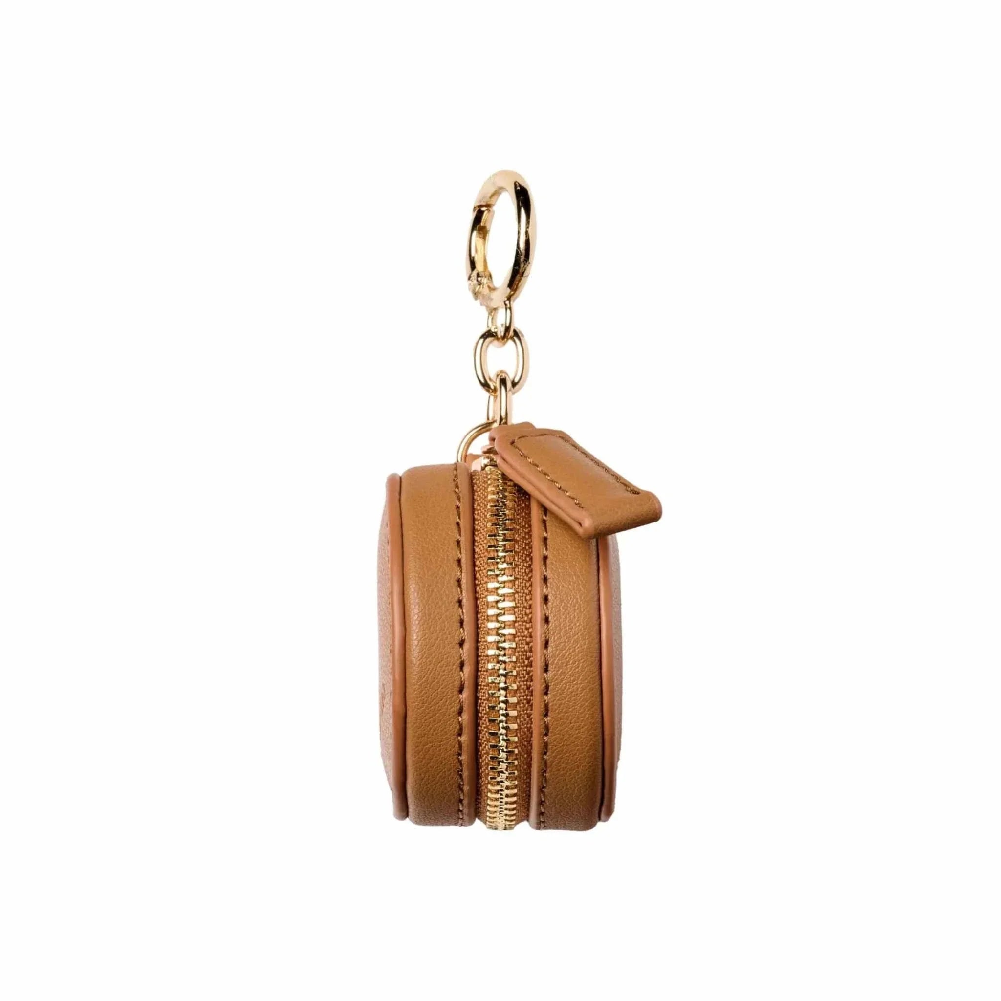 Fox and Leo Eye Catcher Bag Charm in tan leather with gold hardware and zipper closure, featuring a circular ring clip and microfiber cleaning cloth.