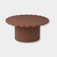 Floret Wood Coffee Table in warm rust with scalloped-edge tabletop and ribbed cylindrical base for modern living room decor