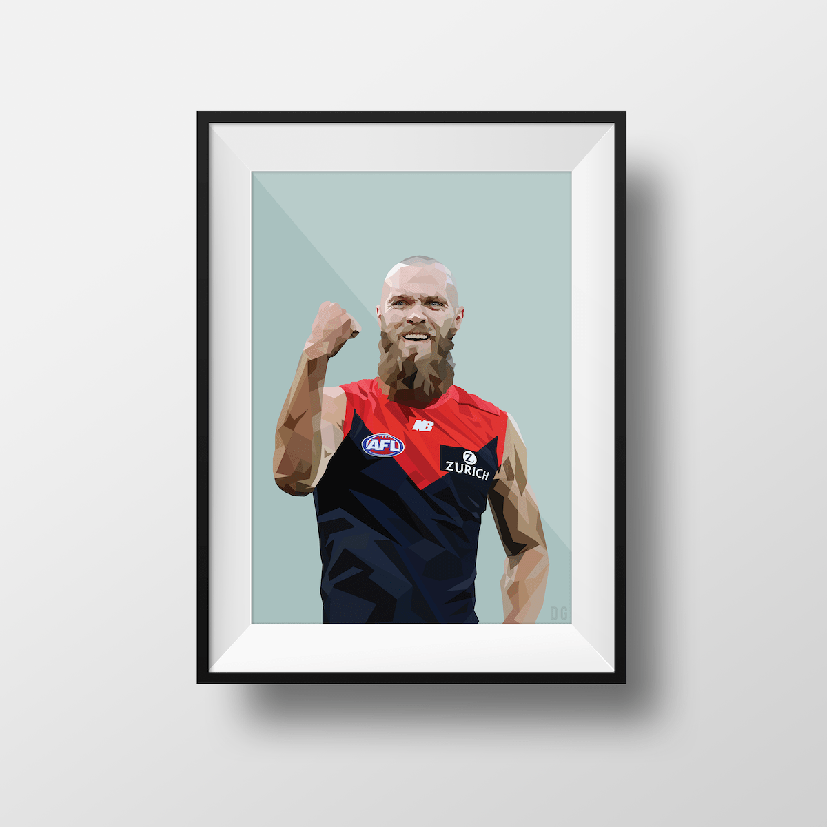 DG Designs Dom Gauci kids art print of AFL player Max Gawn in Melbourne FC jersey with sage green background in black frame
