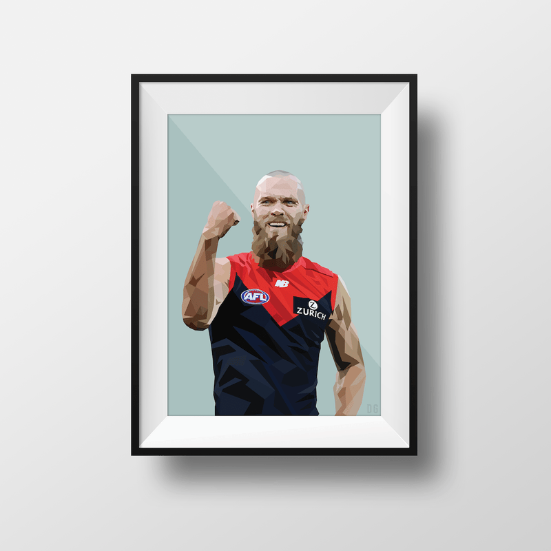 DG Designs Dom Gauci kids art print of AFL player Max Gawn in Melbourne FC jersey with sage green background in black frame