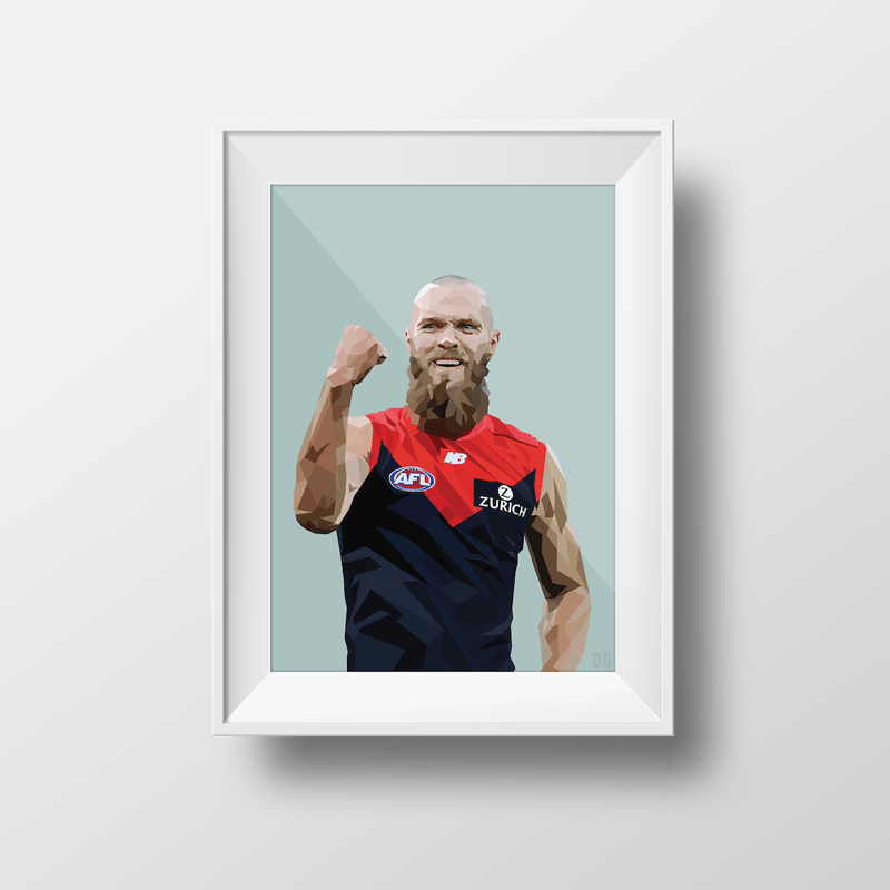 DG Designs Dom Gauci kids art print of Max Gawn in Melbourne FC AFL uniform with sage green background in white frame