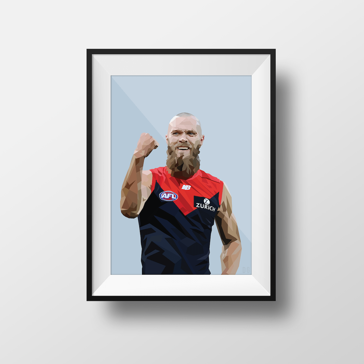 Framed DG Designs Dom Gauci print of Max Gawn AFL football player in red and navy Melbourne FC jersey on powder blue background