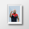 DG Designs Dom Gauci kids art print of Max Gawn in Melbourne FC AFL uniform with powder blue background, framed in white.
