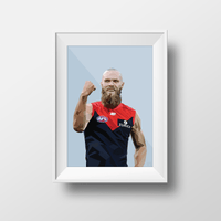 DG Designs Dom Gauci kids art print of Max Gawn in Melbourne FC AFL uniform with powder blue background, framed in white.