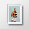 DG Designs Dom Gauci kids art print of Jack Ginnivan in Hawthorn FC uniform holding AFL football with sage green background in white frame