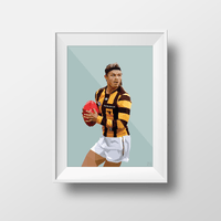 DG Designs Dom Gauci kids art print of Jack Ginnivan in Hawthorn FC uniform holding AFL football with sage green background in white frame