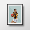 Framed DG Designs Dom Gauci kids art print of Jack Ginnivan in Hawthorn FC AFL uniform on sage green background