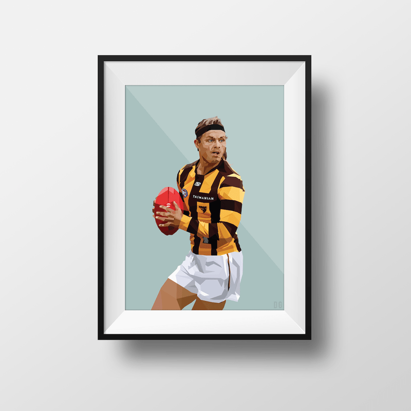Framed DG Designs Dom Gauci kids art print of Jack Ginnivan in Hawthorn FC AFL uniform on sage green background