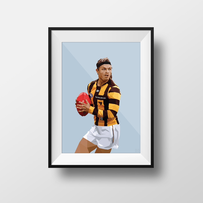 DG Designs Dom Gauci kids art print of Jack Ginnivan in Hawthorn FC AFL football uniform with powder blue background in black frame