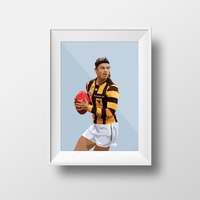 DG Designs Dom Gauci kids art print of Jack Ginnivan in Hawthorn FC AFL uniform holding football in powder blue background, framed white