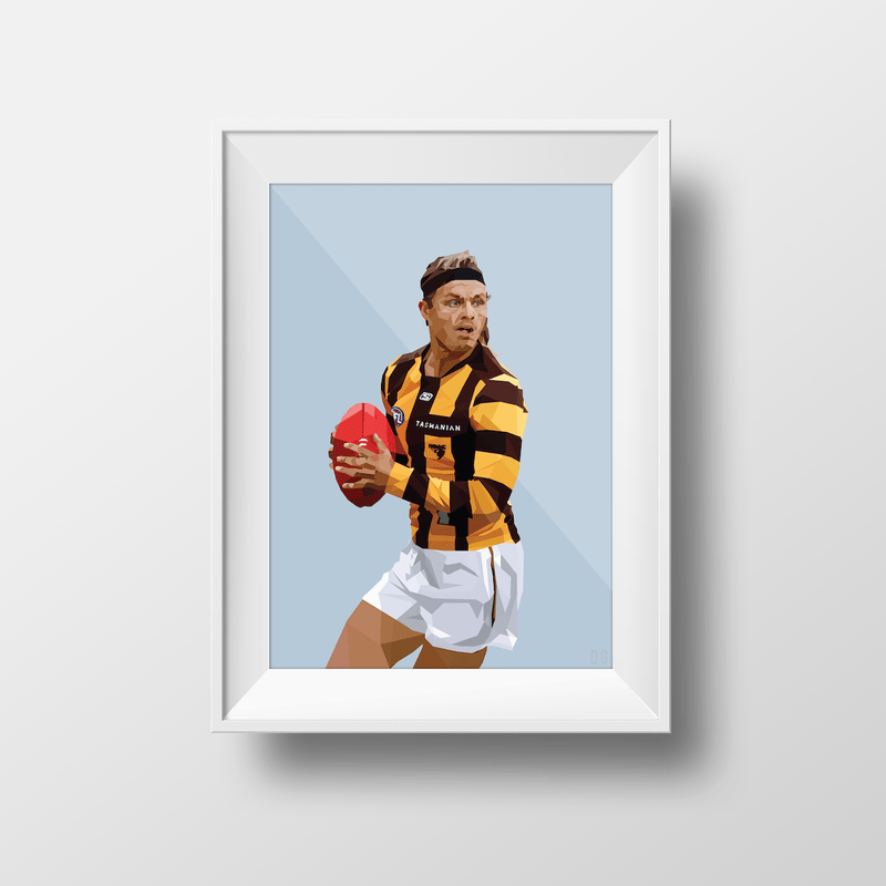 DG Designs Dom Gauci kids art print of Jack Ginnivan in Hawthorn FC AFL uniform holding football in powder blue background, framed white