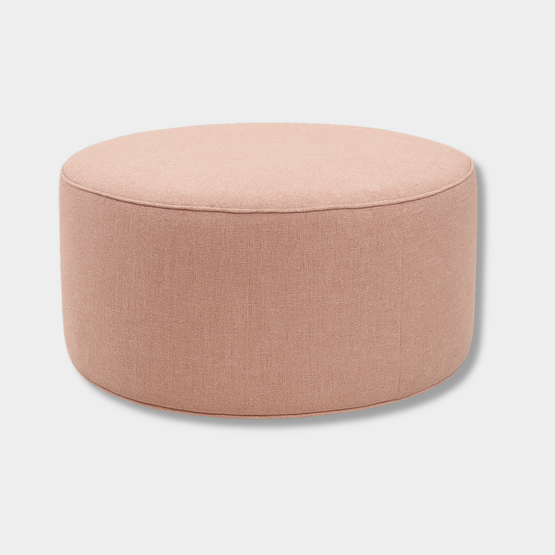 norsuSTUDIO Ottoman Gaia pink round handcrafted bouclé fabric footrest and coffee table alternative in various sizes