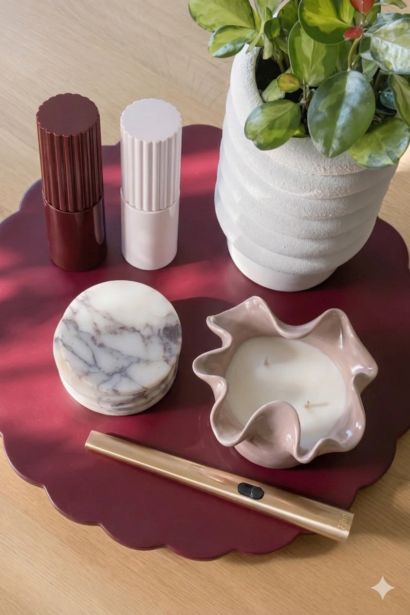 norsu Studio Spin Me Round Lazy Susan in merlot burgundy acrylic with scalloped edge and rotating base