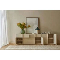 GlobeWest Kin 1 Drawer 2 Door Buffet in shell ash veneer with soft-close hinges and adjustable shelves in modern living room setting