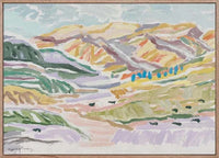 Marcia Priestley limited edition fine art canvas print titled High Noon featuring pastel-colored abstract landscape with mountains and trees in floating oak frame.