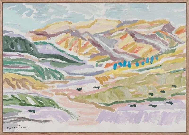 Marcia Priestley limited edition fine art canvas print titled High Noon featuring pastel-colored abstract landscape with mountains and trees in floating oak frame.