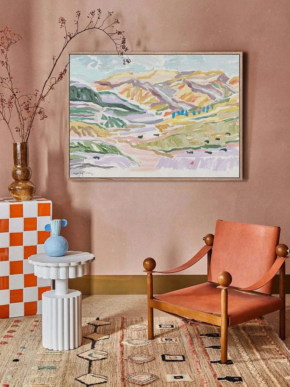 Marcia Priestley limited edition fine art canvas print High Noon landscape in floating oak frame in stylish living room setting