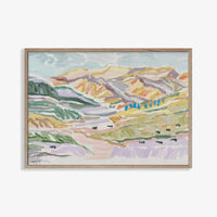 Marcia Priestley Limited Edition Fine Art Canvas Print High Noon landscape with soft pastel mountains and hills in floating oak frame