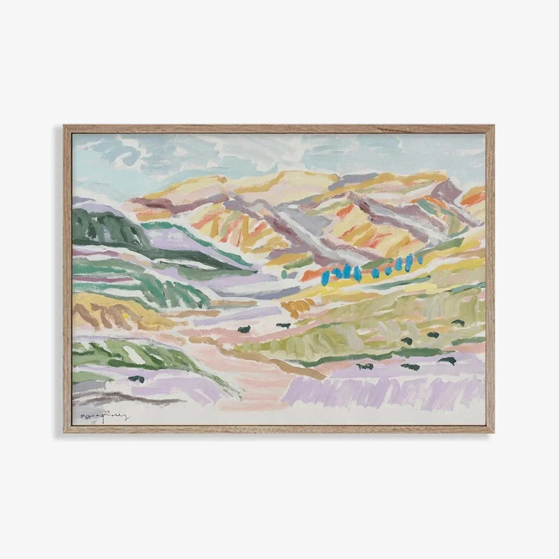 Marcia Priestley Limited Edition Fine Art Canvas Print High Noon landscape with soft pastel mountains and hills in floating oak frame