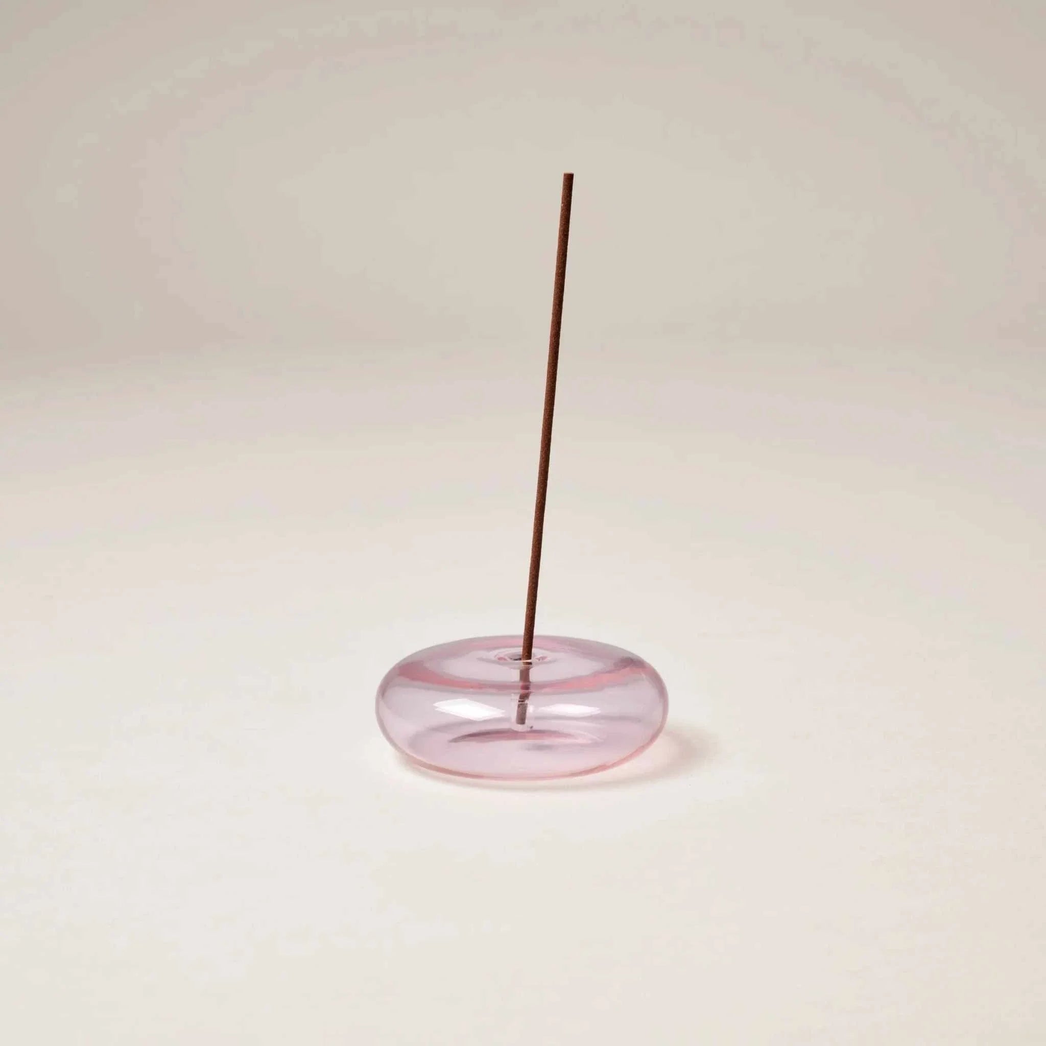 Pink Gentle Habits hand blown glass vessel incense holder with slender incense stick