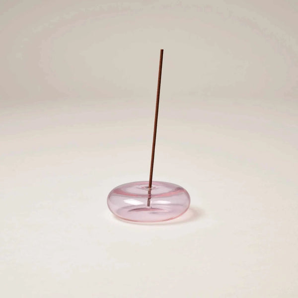 Pink Gentle Habits hand blown glass vessel incense holder with slender incense stick