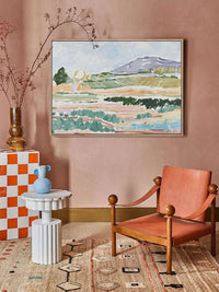 Marcia Priestley Limited Edition fine art canvas print Home Camp with floating oak frame in stylish living room setting