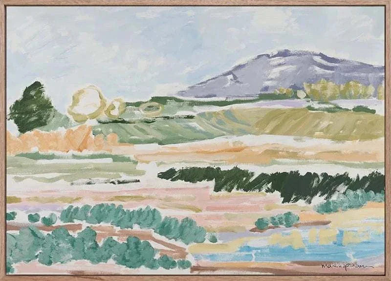 Marcia Priestley Limited Edition fine art canvas print depicting Home Camp landscape in soft pastel colors with floating oak frame option