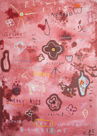 Honest Hearts Bloom limited edition fine art print by Bonnie Gray in warm red and pink with layered flower forms