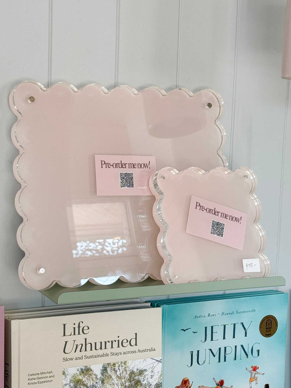 norsu STUDIO scalloped magnetic photo frame in blush, fits 8x10 inch photo, gallery-style design, magnetic closure, acrylic finish