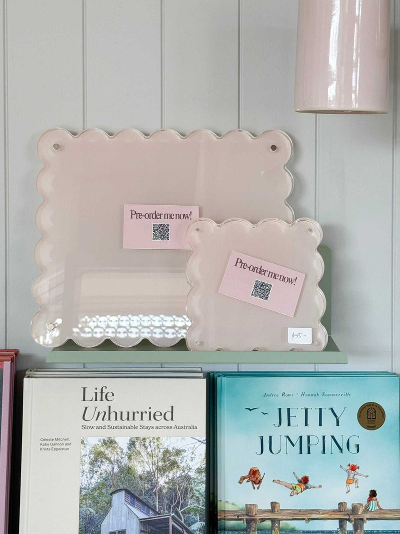 norsu STUDIO scalloped magnetic photo frame in blush background, fits 8 x 10 prints, acrylic finish, modern gallery style