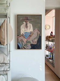 Oak framed Marcia Priestley 'Chaps 3' abstract canvas print 42x59cm hanging on white wall