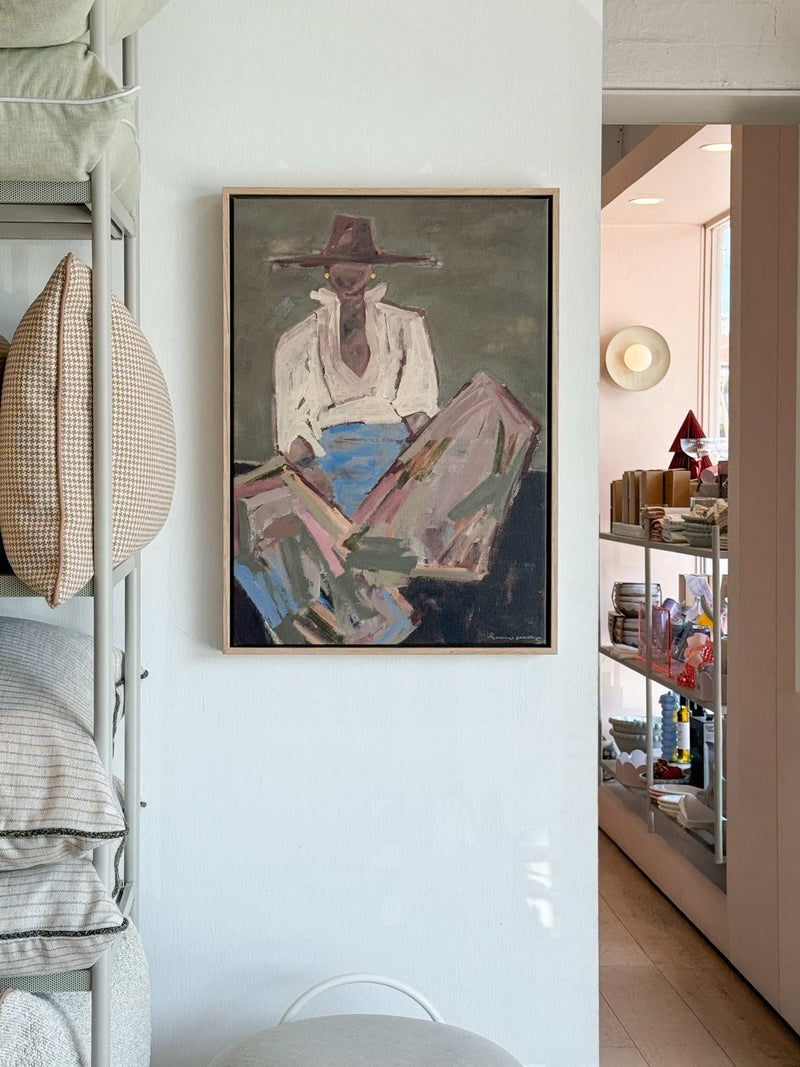 Oak framed Marcia Priestley 'Chaps 3' abstract canvas print 42x59cm hanging on white wall